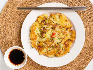 Crispy korean zucchini pancake with Korean pancake dipping sauce