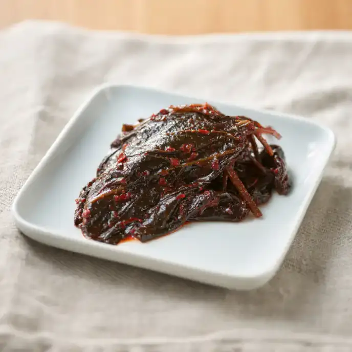 Layers of seasoned perilla leaves, one of the more addictive muji banchan varieties