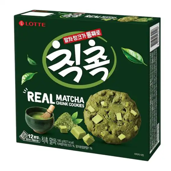 Lotte Chic Choc matcha cookies showing soft chewy matcha flavored snacks texture