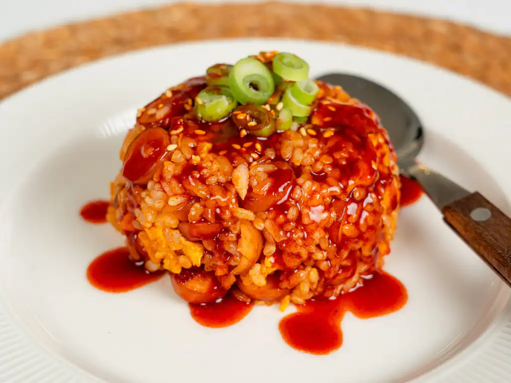 Buldak Fried Rice: Stress Blowing Buldak Sauce Rice in 10min Buldak fried rice topped with scallions