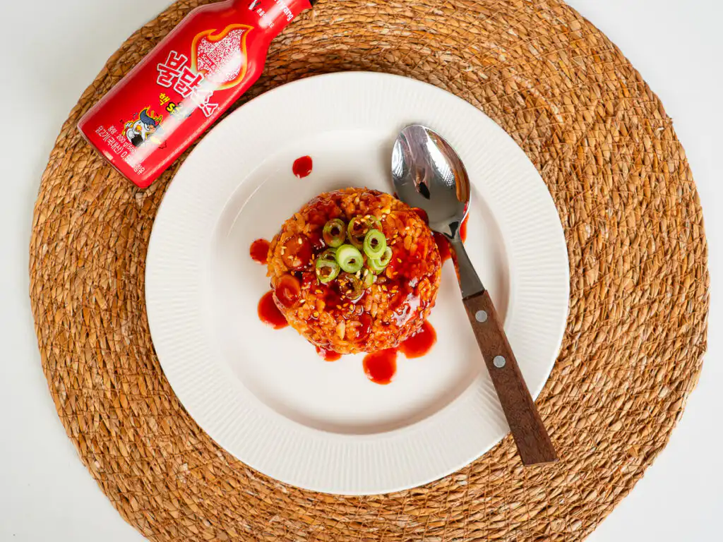 Buldak Fried Rice: Stress Blowing Buldak Sauce Rice in 10min Buldak fried rice with sauce bottle nearby