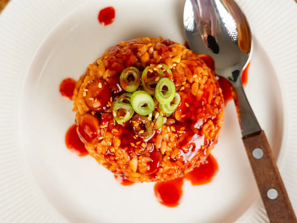 Buldak Fried Rice: Stress Blowing Buldak Sauce Rice in 10min Buldak rice with a cracked fried egg
