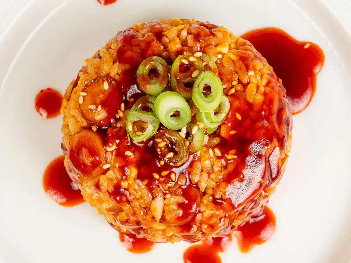Buldak Fried Rice: Stress Blowing Buldak Sauce Rice in 10min Glossy buldak fried rice close-up