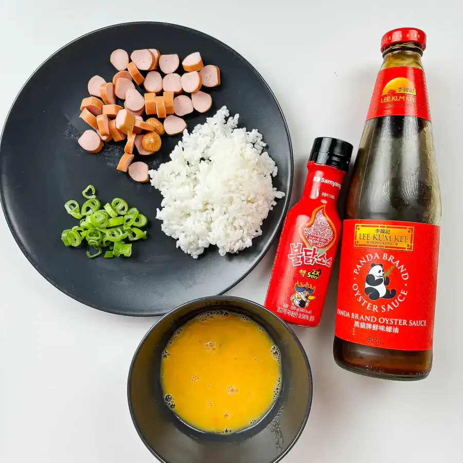 Buldak Fried Rice: Stress Blowing Buldak Sauce Rice in 10min Sausage, green onion, egg, buldak sauce, oyster sauce for buldak fried rice