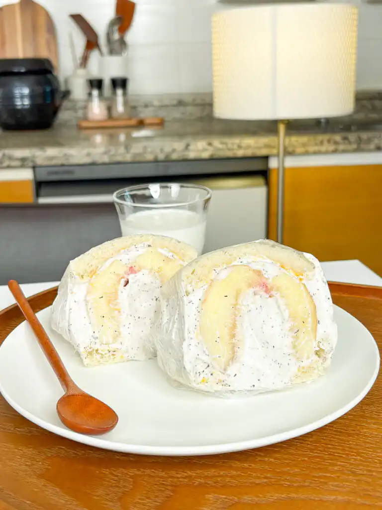 Earl Grey Peach Sando: Korean Cafe Fruit Sandwich Aesthetic aesthetic Korean fruit sandwich served on a lace coaster in a cozy home cafe environment.