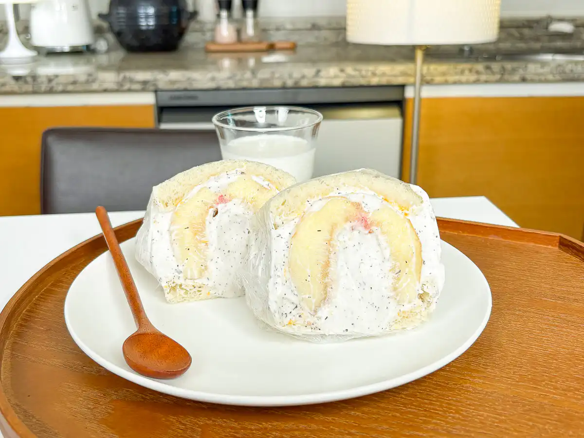 Earl Grey Peach Sando: Korean Cafe Fruit Sandwich Peach sando halves arranged on a wooden board