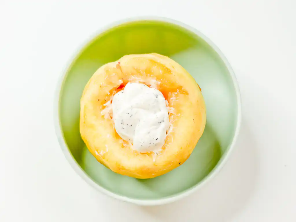 Earl Grey Peach Sando: Korean Cafe Fruit Sandwich Filling the cored center of a fresh peach with Earl Grey whipped mascarpone cream.