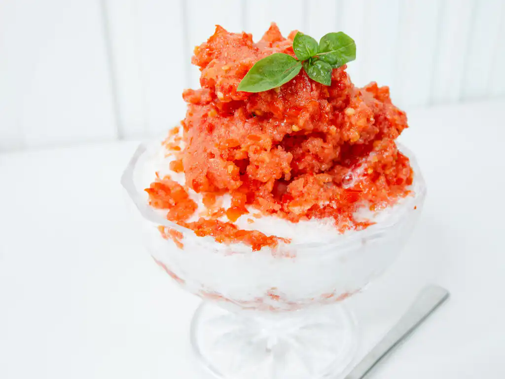 Tomato Bingsu: Easy Bingsu Recipe with Greek Yogurt Single-serving dessert bowl of tomato bingsu