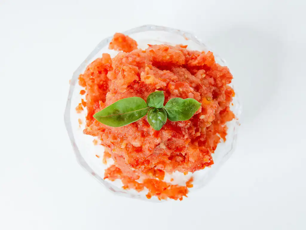 Tomato Bingsu: Easy Bingsu Recipe with Greek Yogurt Overhead view of tomato bingsu
