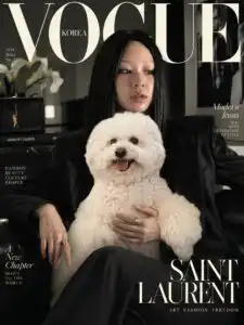 AI High Fashion Magazine Cover with Pet featuring a Bichon Frise and all black Saint Laurent outfit on Vogue cover