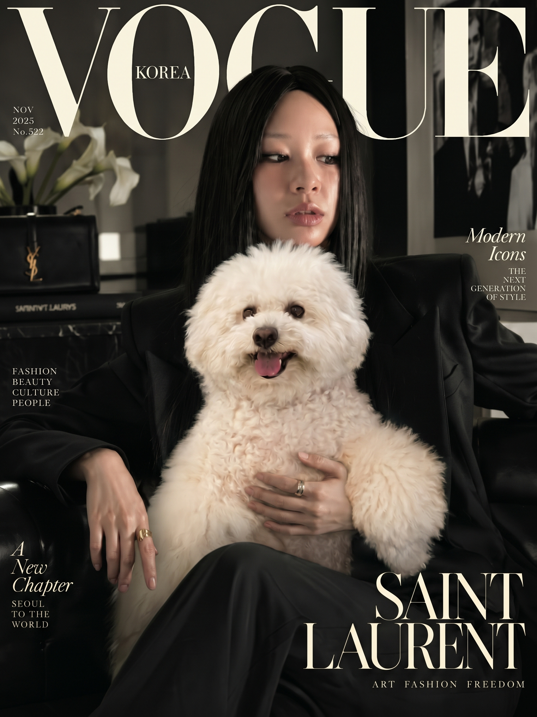 aI High Fashion Magazine Cover with pet Prompt Guide AI High Fashion Magazine Cover with Pet featuring a Bichon Frise and all black Saint Laurent outfit on Vogue cover