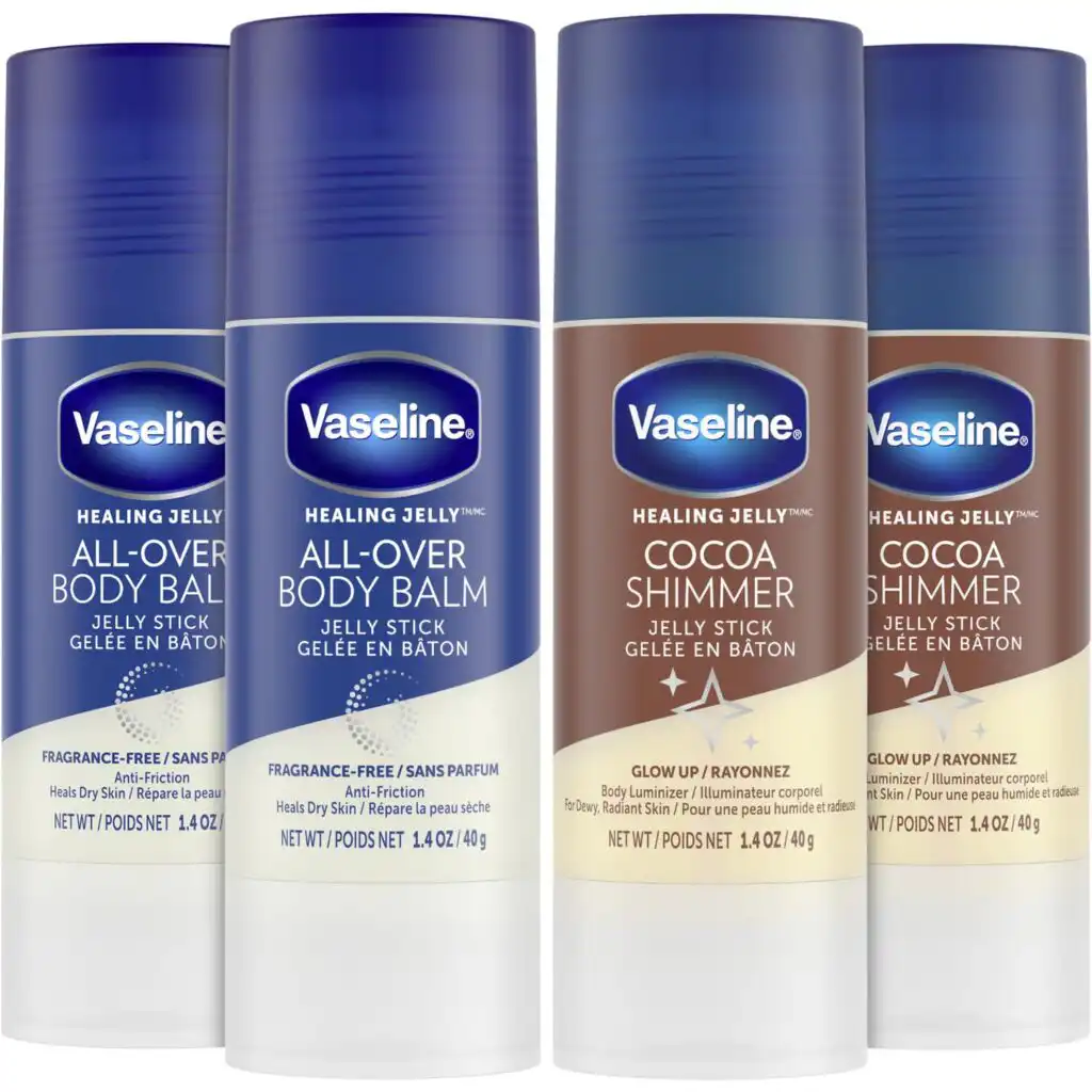 Vaseline Cocoa Shimmer Jelly Stick and All-Over Body Balm for a dewy Korean glass skin glow