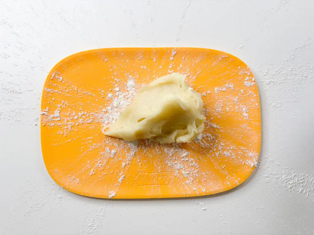 Halloween Ghost Mochi with Shine Muscat, 15-Min Microwave Mochi dough rolled out thin on cornstarch with a rolling pin