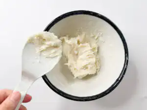 Halloween Ghost Mochi with Shine Muscat, 15-Min Microwave Kneading chewy mochi dough with a spatula after microwaving