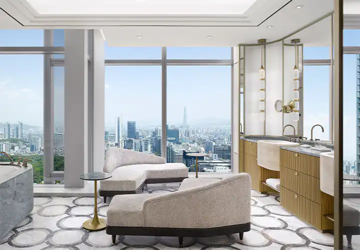 Justin Bieber Seoul Hotspots: 10 Places He Visited in Korea Suite lounge and bathroom with Seoul skyline views at Josun Palace, the hotel where Justin Bieber stayed